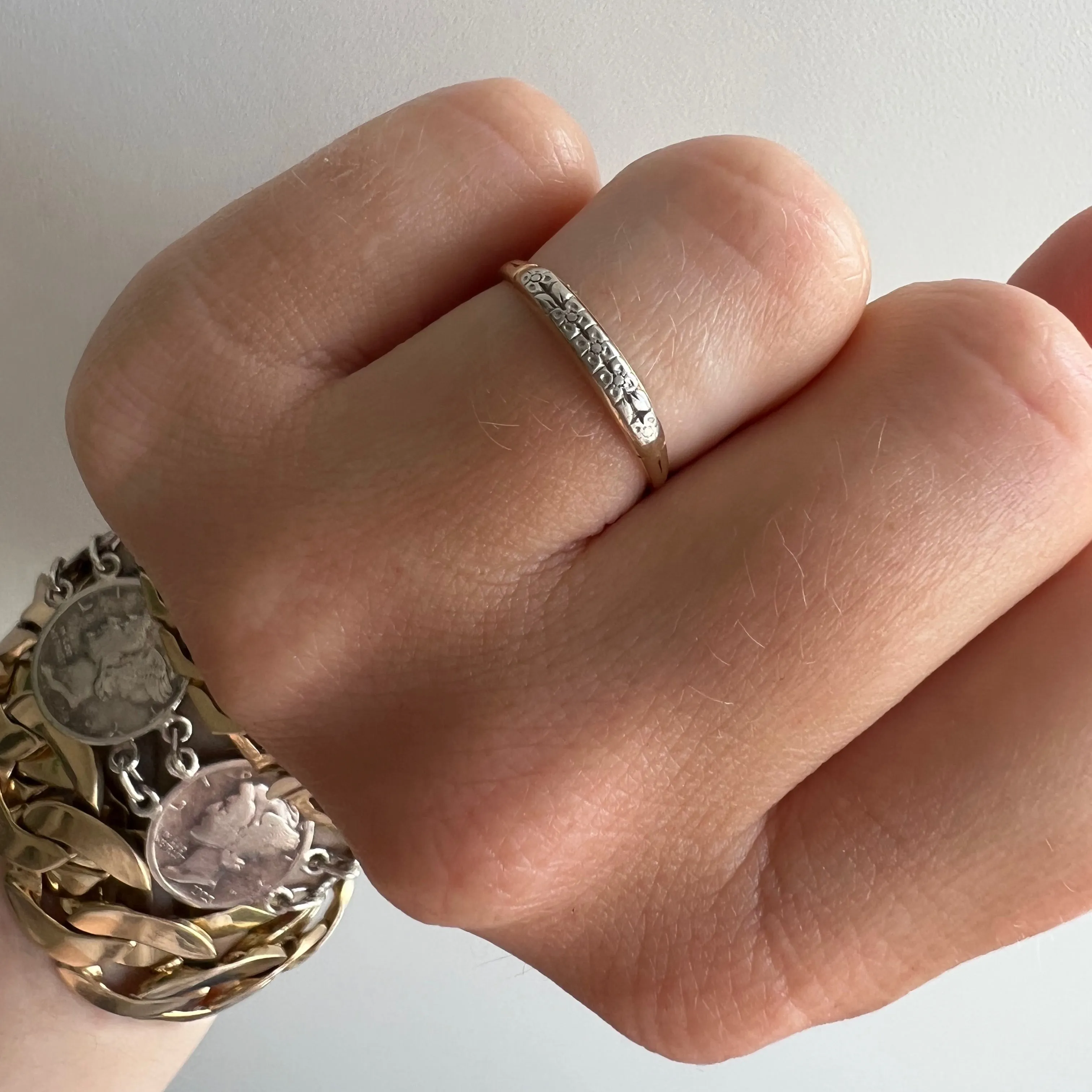 V I N T A G E // forget me not stacker / 14k yellow and white gold forget me not ring / size 5-5.25