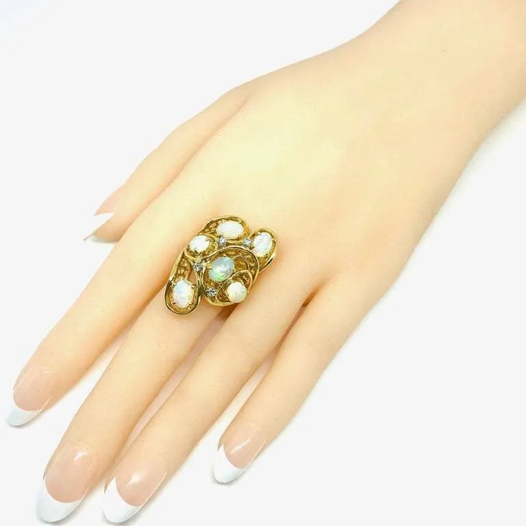 Vintage Opal Diamond Cluster 18K Gold Ring