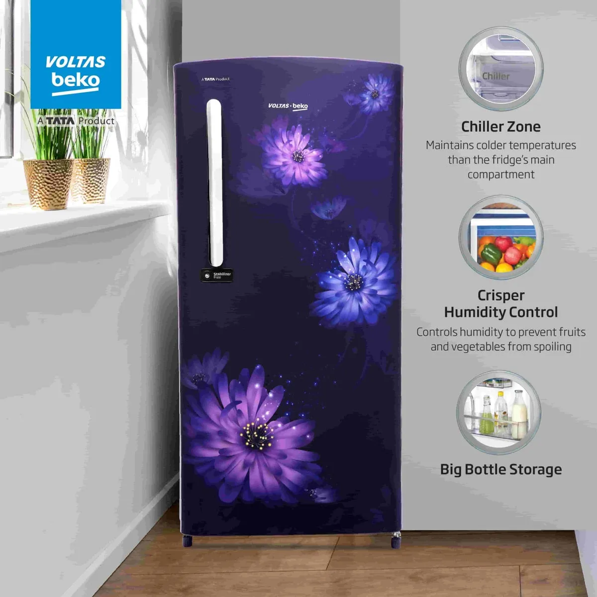 Voltas Beko 185 L, 3 Star, Single Door DC Refrigerator (Dahlia Blue)